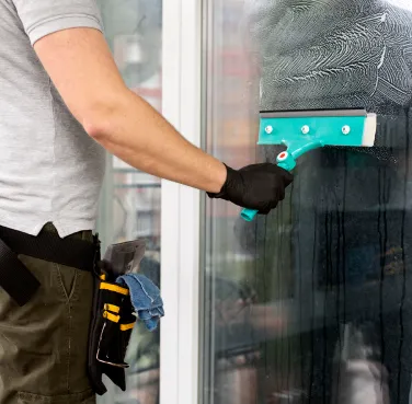 Nett Services, nettoyage de vitre à Quimper Vue rapprochée sur une main d'une personne nettoyant une vitre